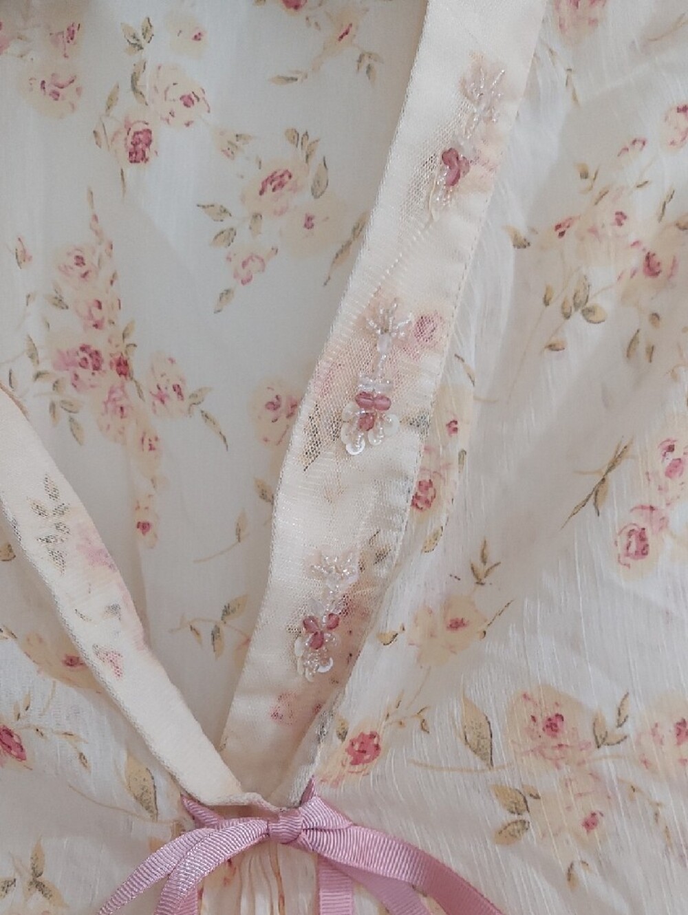 Women's Sheer Floral Tie-Front Blouse - Cream with Pink Floral - Picture 2 of 10